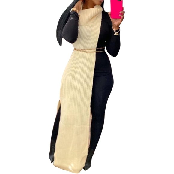 Women Sleeveless Maxi Sweater Dress Knitted Turtleneck Side Split - Picture 1 of 6